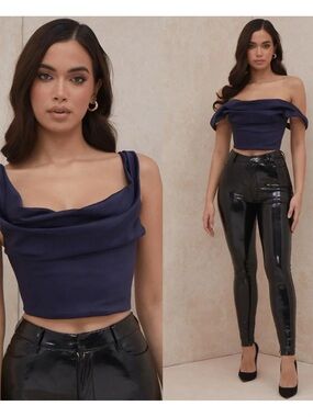 NWOT House of CB Carella Navy Satin Cowl Neck Crop Top